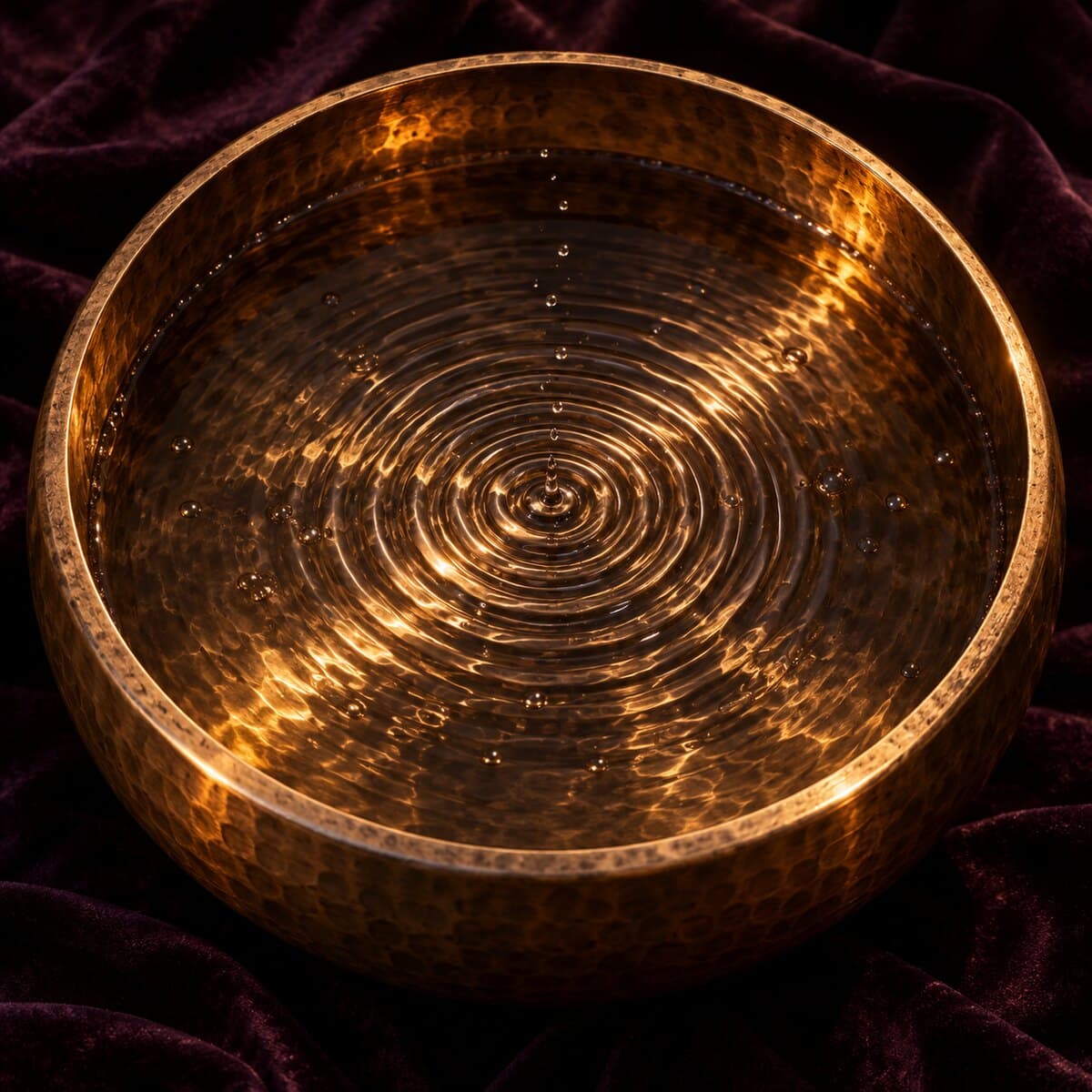 Ripples on the water inside a bronze singing bowl