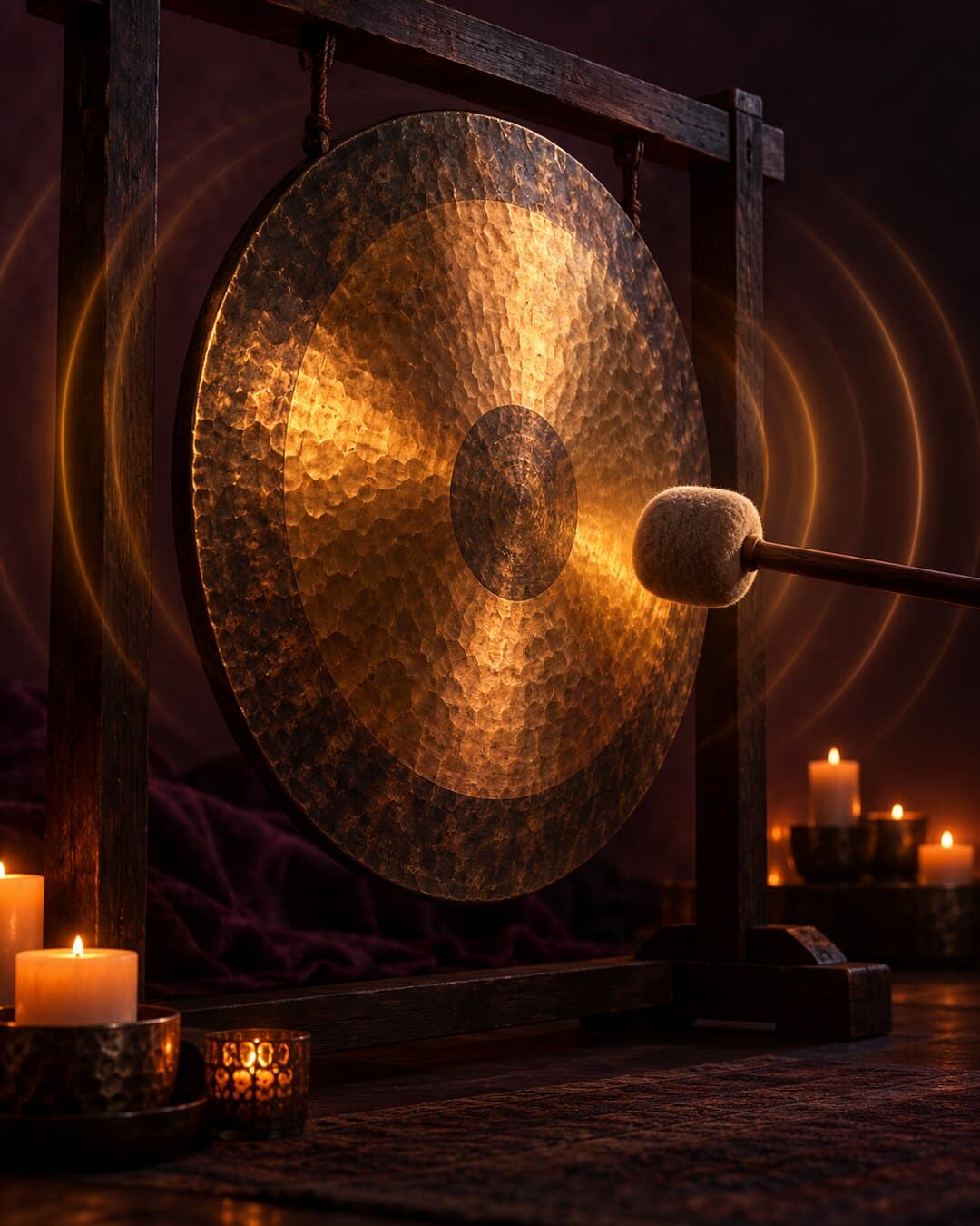 A bronze gong in candlelight