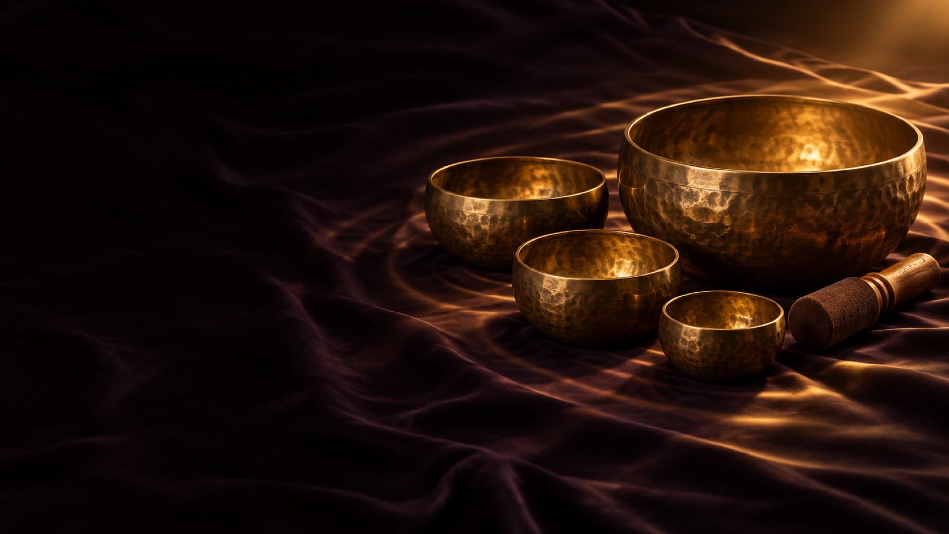 Bronze Tibetan singing bowls on dark silk